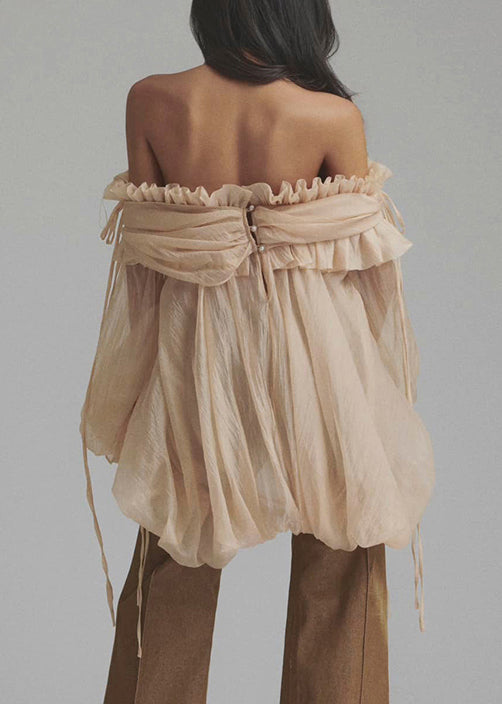 Chemise en dentelle boutonnée couleur ample tulle champagne à volants évasés