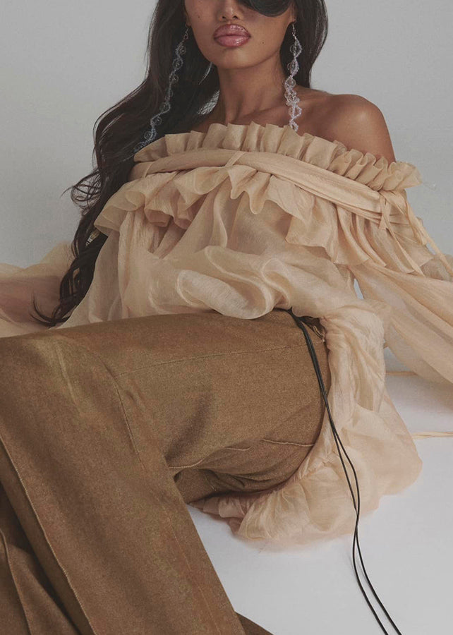 Chemise en dentelle boutonnée couleur ample tulle champagne à volants évasés