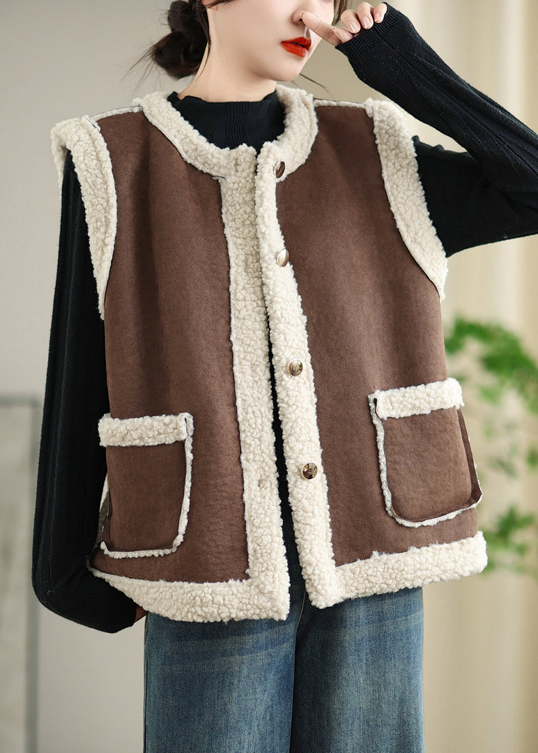 Loose Coffee Button Pockets Patchwork Teddy Faux Fur Waistcoat Sleeveless WL001