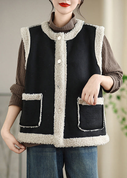 Loose Coffee Button Pockets Patchwork Teddy Faux Fur Waistcoat Sleeveless ER008