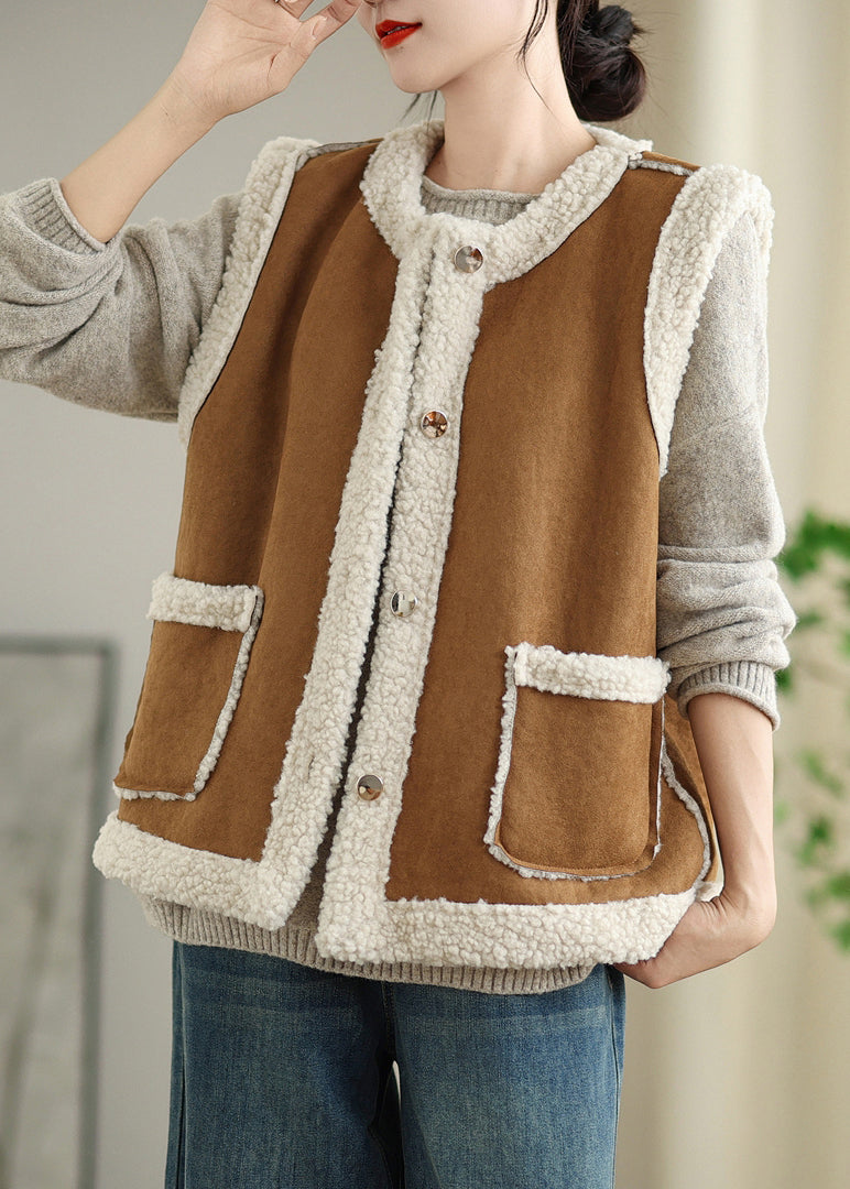 Loose Coffee Button Pockets Patchwork Teddy Faux Fur Waistcoat Sleeveless WL001