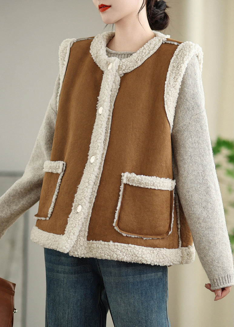 Loose Coffee Button Pockets Patchwork Teddy Faux Fur Waistcoat Sleeveless ER008