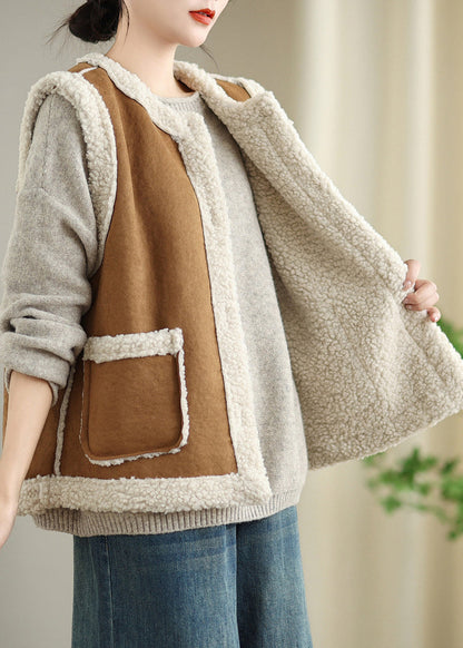 Loose Coffee Button Pockets Patchwork Teddy Faux Fur Waistcoat Sleeveless WL001