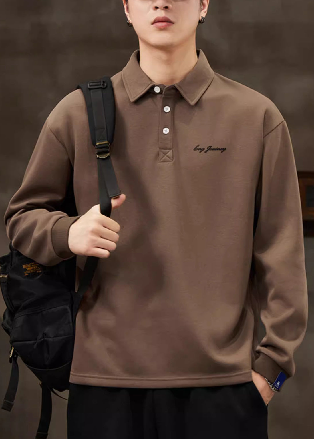 Frühling Solid Button Baumwolle Lose Kaffee Männer TC017 Shirt Polo