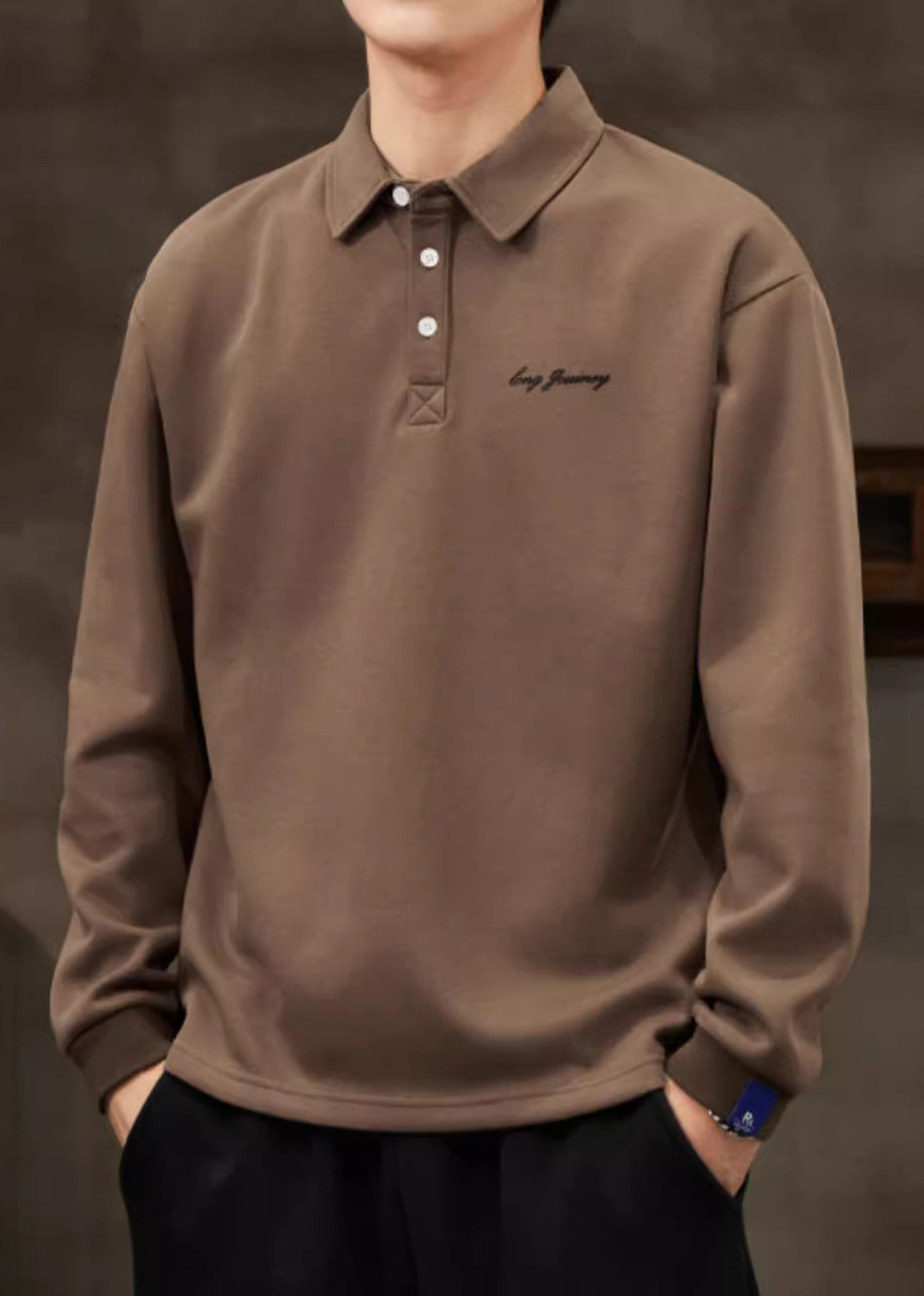 Frühling Solid Button Baumwolle Lose Kaffee Männer TC017 Shirt Polo
