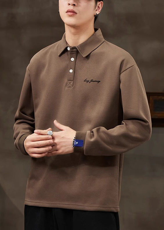 Frühling Solid Button Baumwolle Lose Kaffee Männer TC017 Shirt Polo