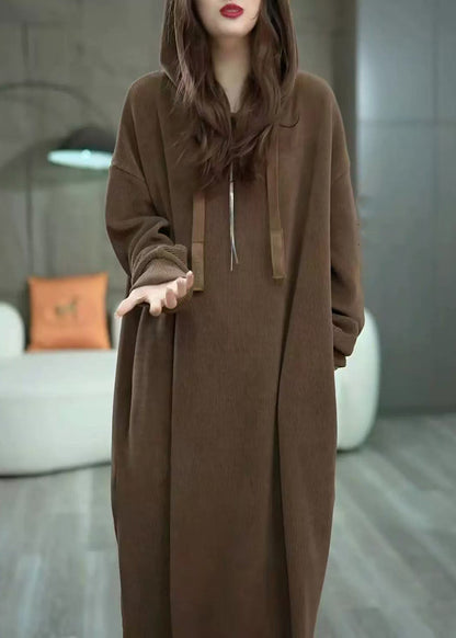 Loose Coffee Hooded Pockets Solid Long Dress Winter WM011