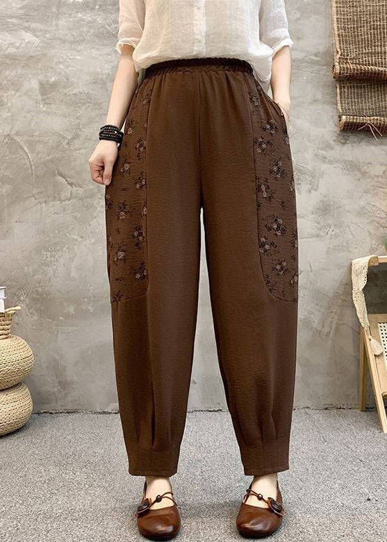 Loose Coffee Pockets Elastic Waist Cotton Crop Pants Summer AU1047