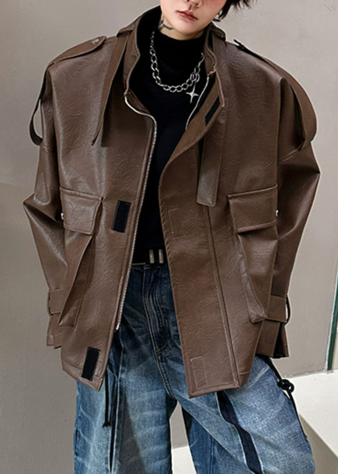 Loose Coffee Stand Collar Pockets Faux Leather Men Coat Spring RN029