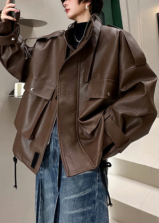 Loose Coffee Stand Collar Pockets Faux Leather Men Coat Spring RN029