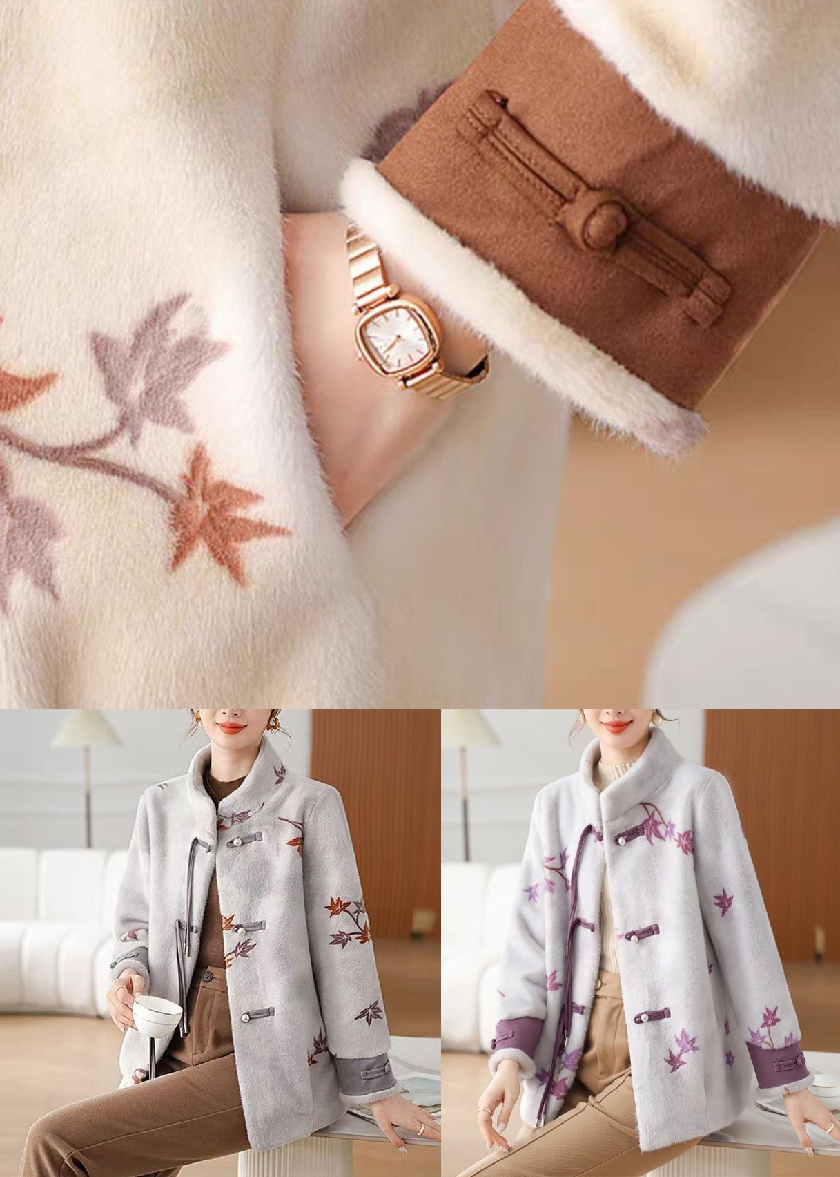 Loose Coffee Stand Collar Pockets Mink Velvet Coat Winter RC010