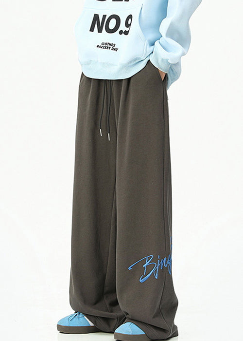 Loose Dark Gray Embroideried Pockets Cotton Mens Wide Leg Pants Spring RM052