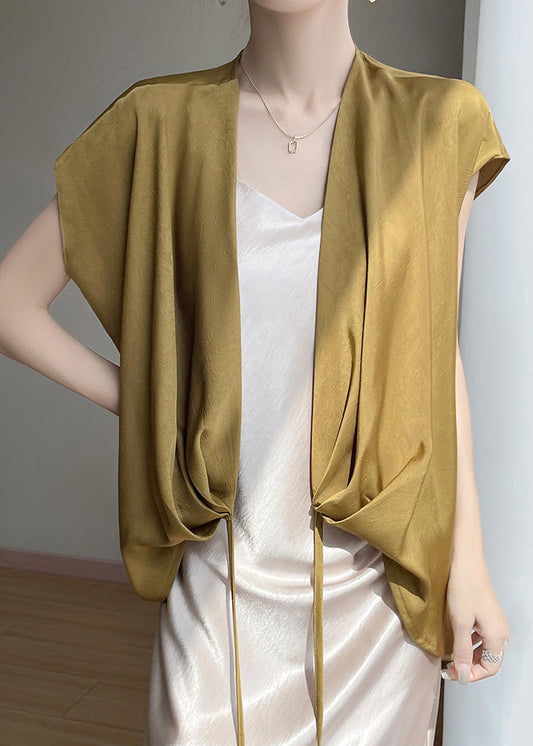 Loose Summer Lace V Up Silk Neck Gold Shirts