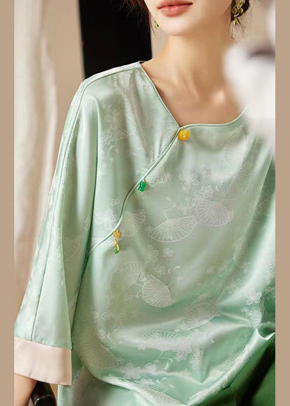 Loose Green Button Print Silk Shirt Bracelet Sleeve AB1051