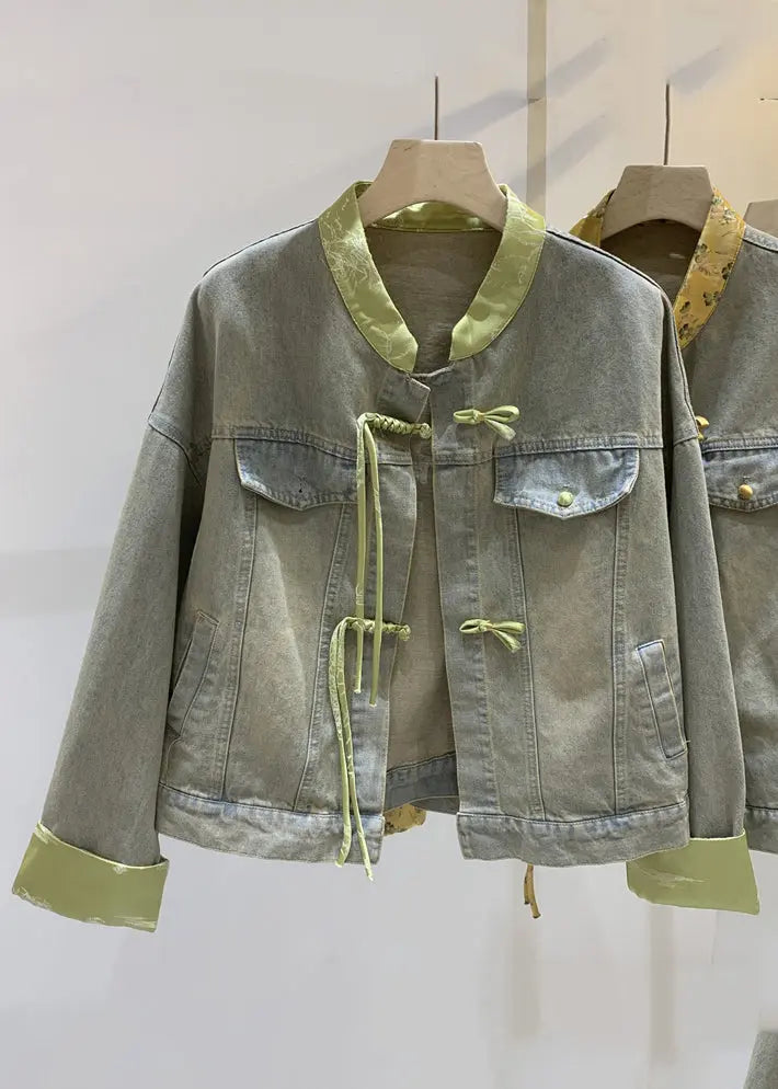 Loose Green Chinese Button Patchwork Denim Coats Long Sleeve Ada Fashion