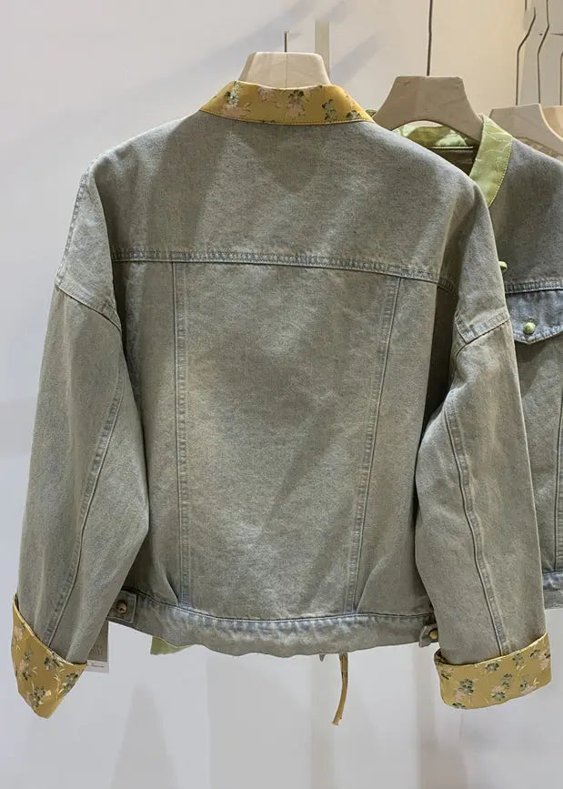 Loose Green Chinese Button Patchwork Denim Coats Long Sleeve Ada Fashion