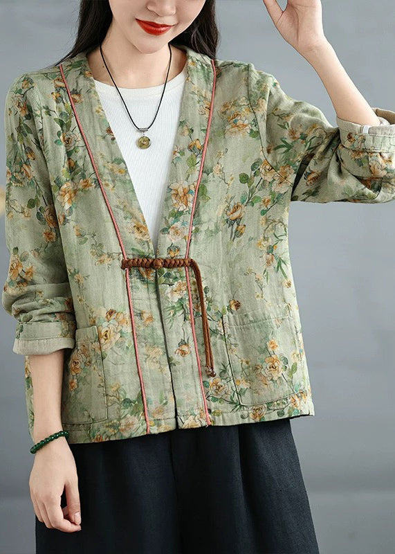 Loose Green Chinese Button Print Cotton Coat Fall QO034