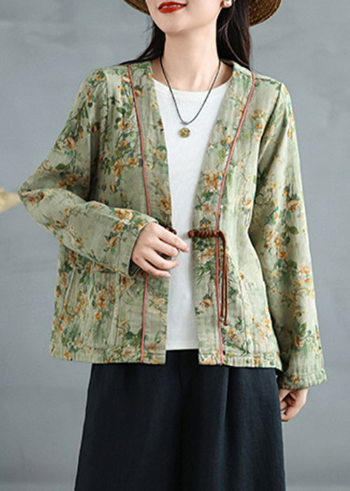 Loose Green Chinese Button Print Cotton Coat Fall QO034