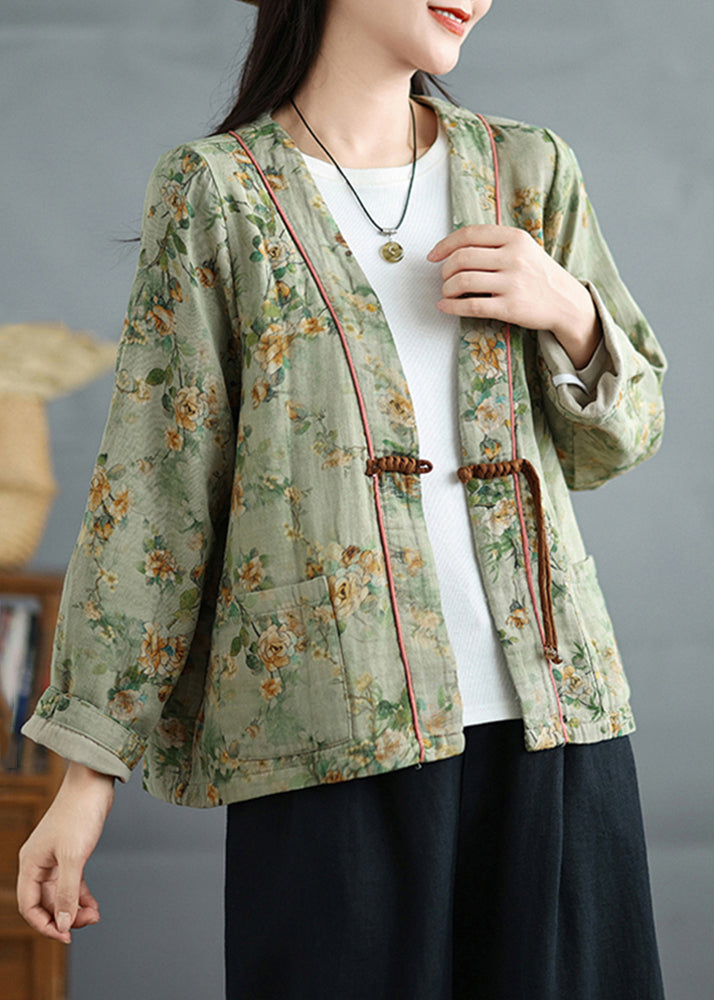 Loose Green Chinese Button Print Cotton Coat Fall QO034