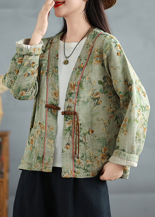 Loose Green Chinese Button Print Cotton Coat Fall QO034