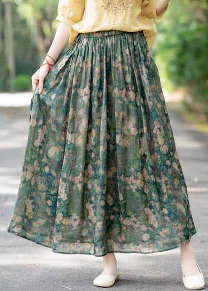 Loose Green Elastic Waist Print Linen Skirts Summer LK030