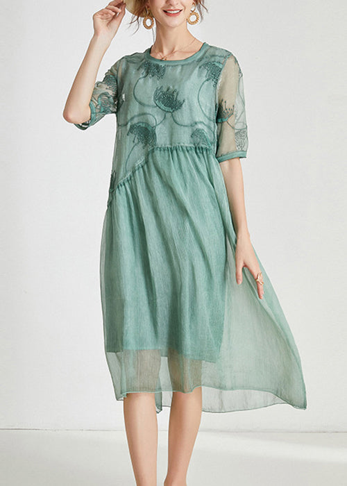 Loose Green Embroidered Patchwork Chiffon Dresses Summer Ada Fashion