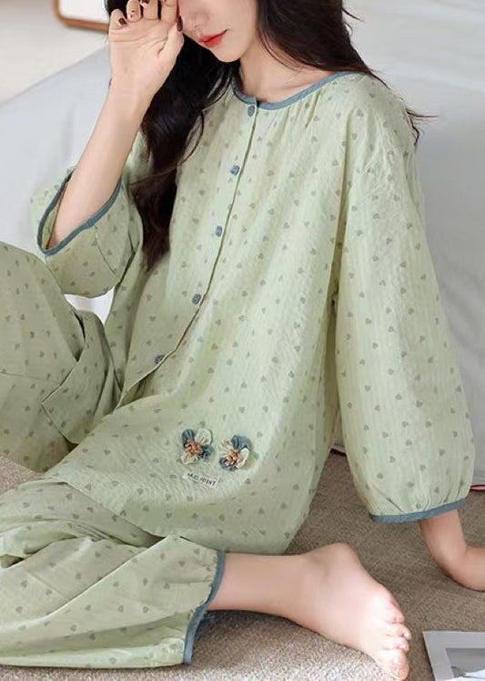 Print Loose Pajamas Pieces Elastic Cotton Green O Waist Two Neck