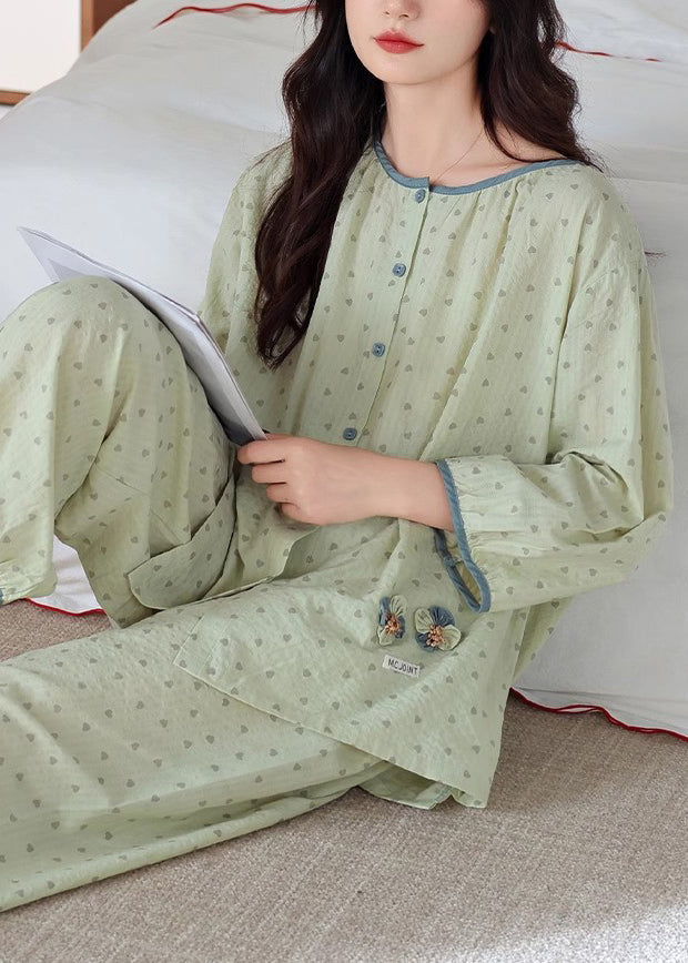 Print Loose Pajamas Pieces Elastic Cotton Green O Waist Two Neck