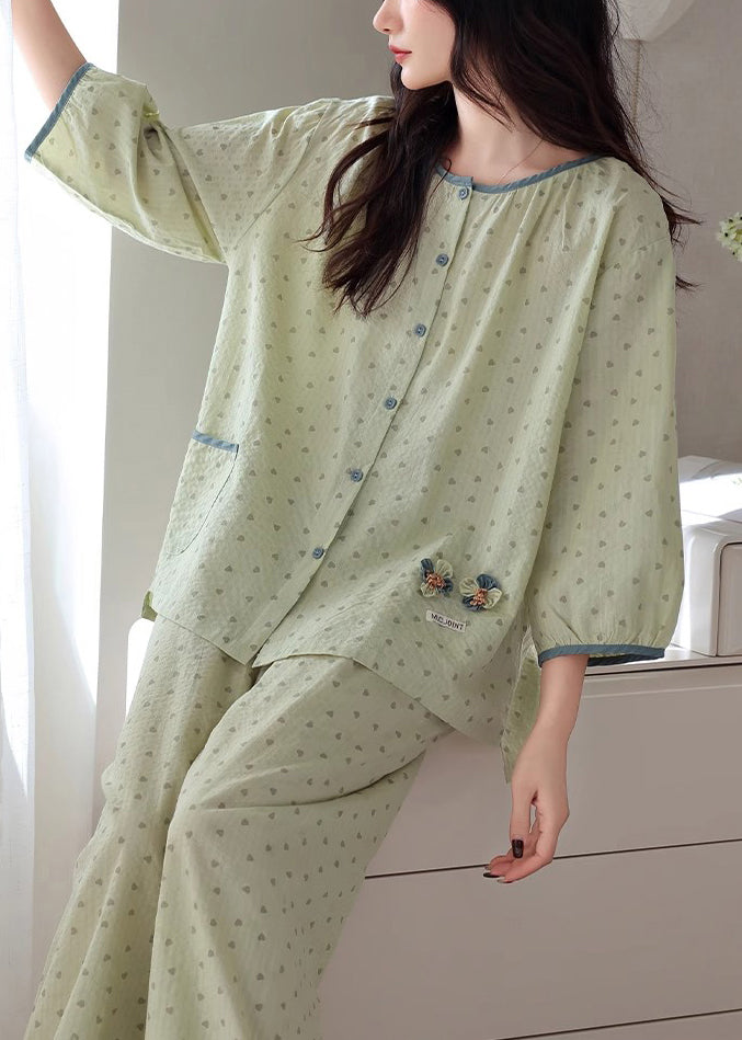 Print Loose Pajamas Pieces Elastic Cotton Green O Waist Two Neck