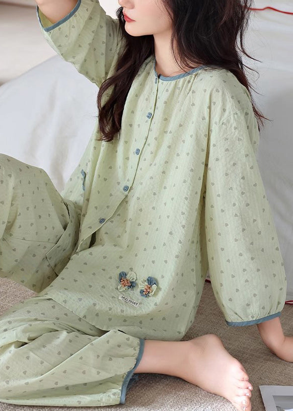 Print Loose Pajamas Pieces Elastic Cotton Green O Waist Two Neck