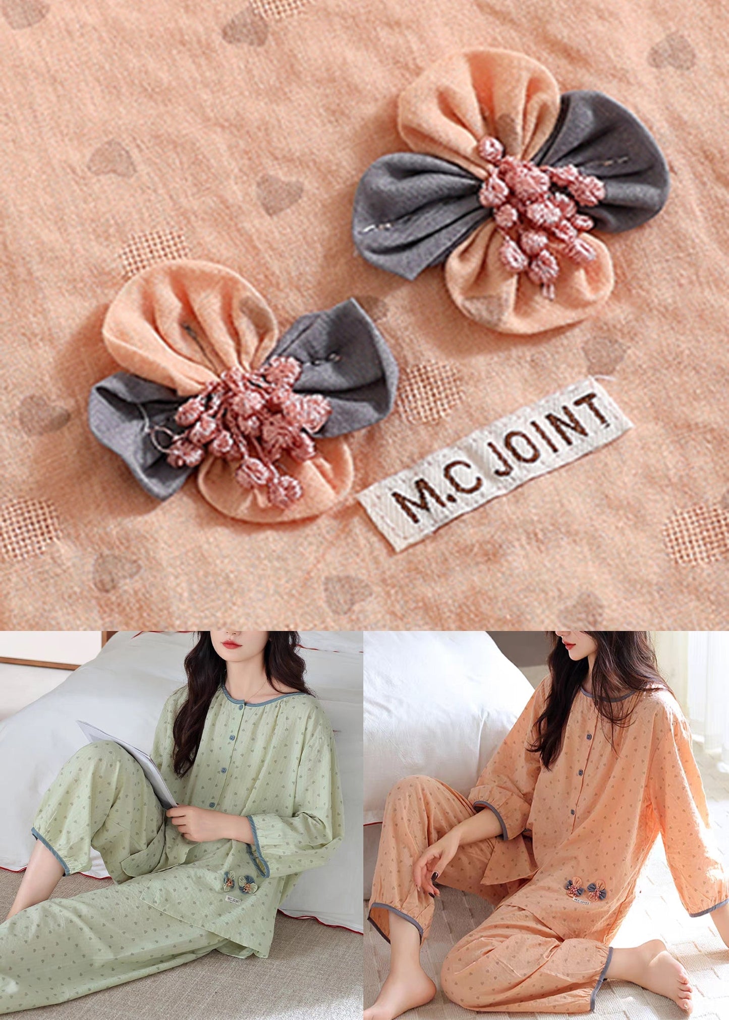 Print Loose Pajamas Pieces Elastic Cotton Green O Waist Two Neck