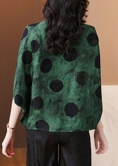 Loose Green O Neck Print Silk Shirts Batwing Sleeve AU1064