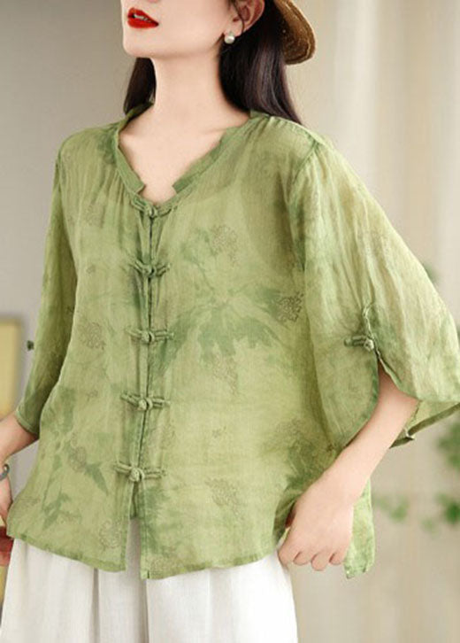 Green Tops Shirt Oriental Jacquard Cotton Loose Button Summer