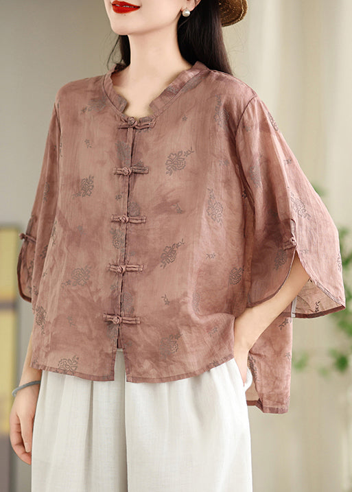 Green Tops Shirt Oriental Jacquard Cotton Loose Button Summer