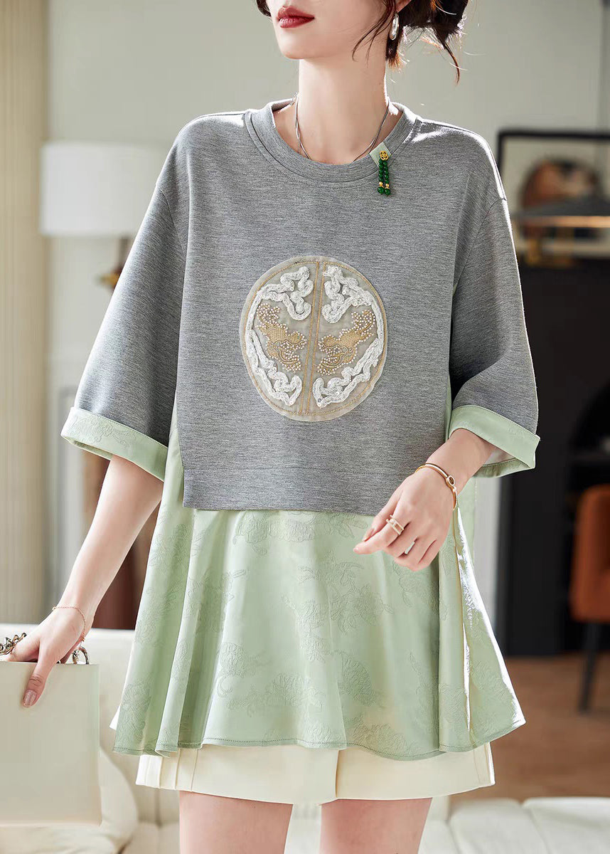 Two Pieces Loose T Shirt Summer Green Patchwork Fake
