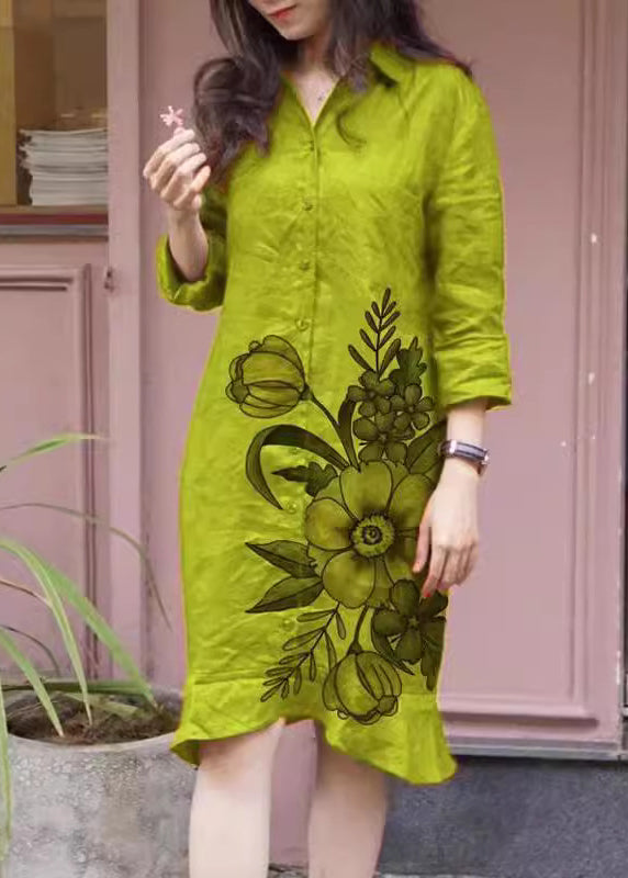 Collar Print Long Dress Button Green Loose Pan Shirts Fall Peter