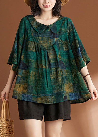 Loose Green Peter Pan Collar Print Shirt Short Sleeve AP061