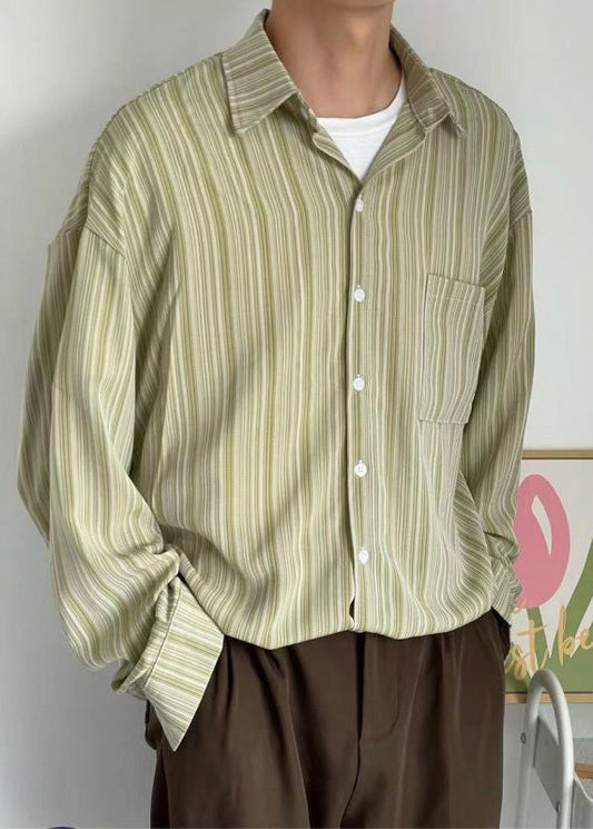 Loose Green Peter Pan Collar Striped Cotton Shirt Men Fall RO005