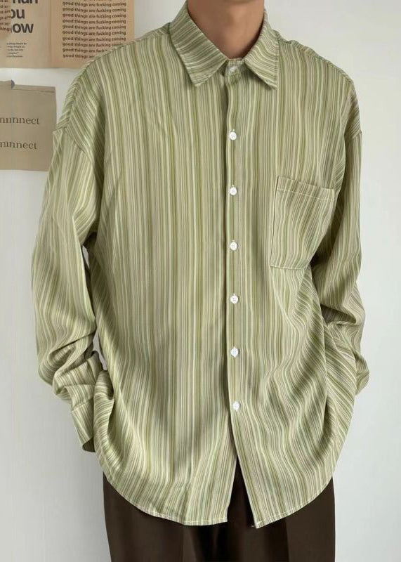 Loose Green Peter Pan Collar Striped Cotton Shirt Men Fall RO005