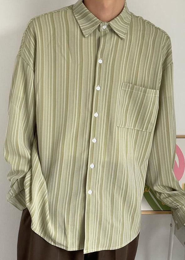 Loose Green Peter Pan Collar Striped Cotton Shirt Men Fall RO005