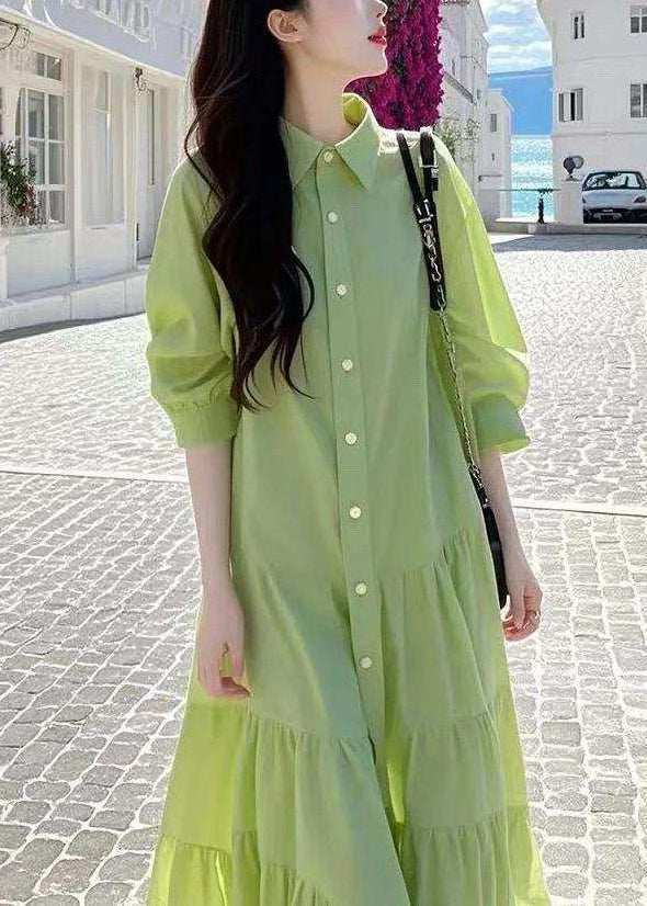 Pan Blouses Peter Loose Button Collar Wrinkled Green Cotton