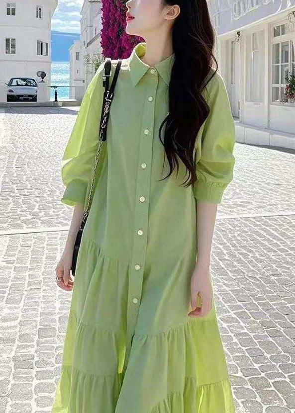 Pan Blouses Peter Loose Button Collar Wrinkled Green Cotton