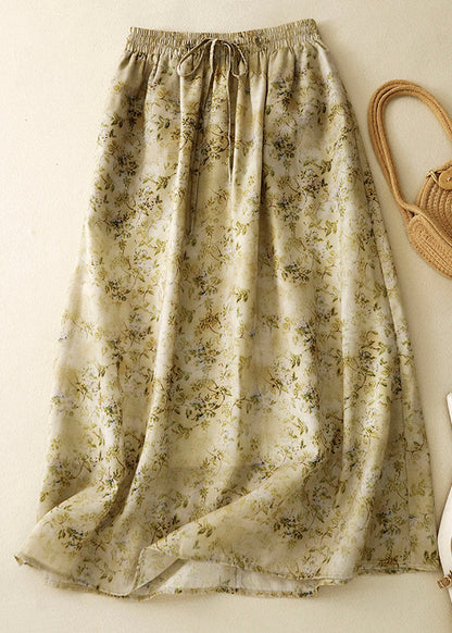 Loose Green Print Elastic Waist Cotton Skirt Summer GG001