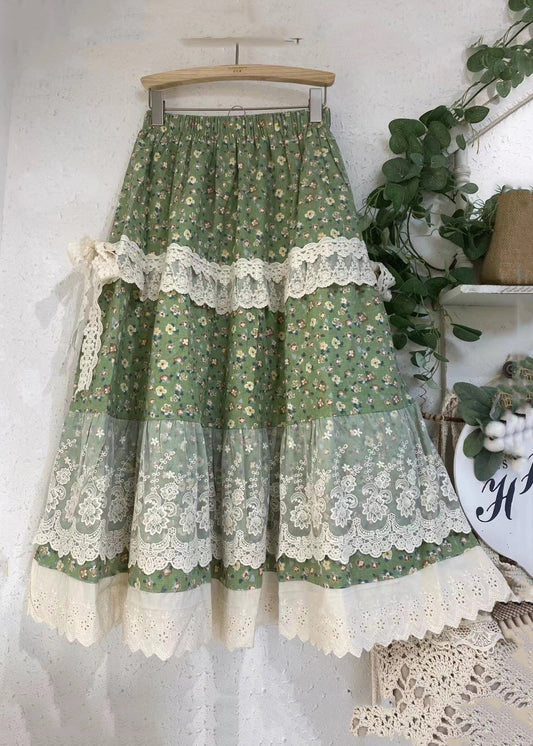 Loose Green Print Lace Elastic Waist Patchwork Skirts Summer GH1002