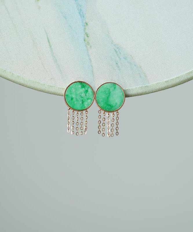 Loose Green Sterling Silver Overgild Jade Tassel Stud Earrings QU042