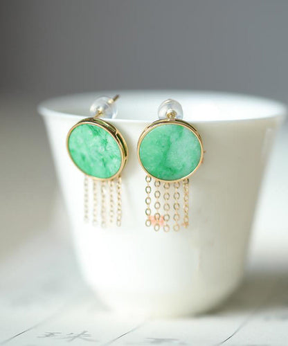 Loose Green Sterling Silver Overgild Jade Tassel Stud Earrings QU042