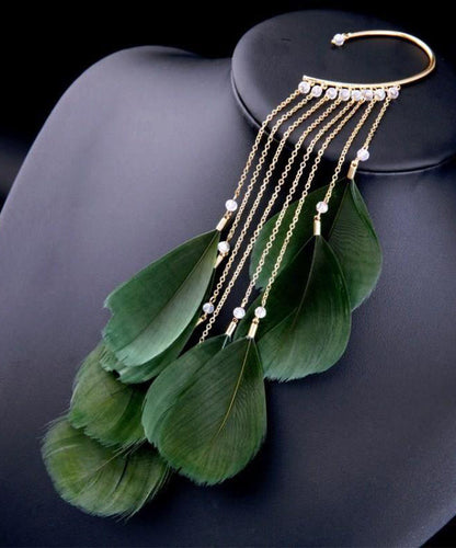 Loose Green Sterling Silver Overgild Zircon Feather Tassel Drop Earrings ZZ045