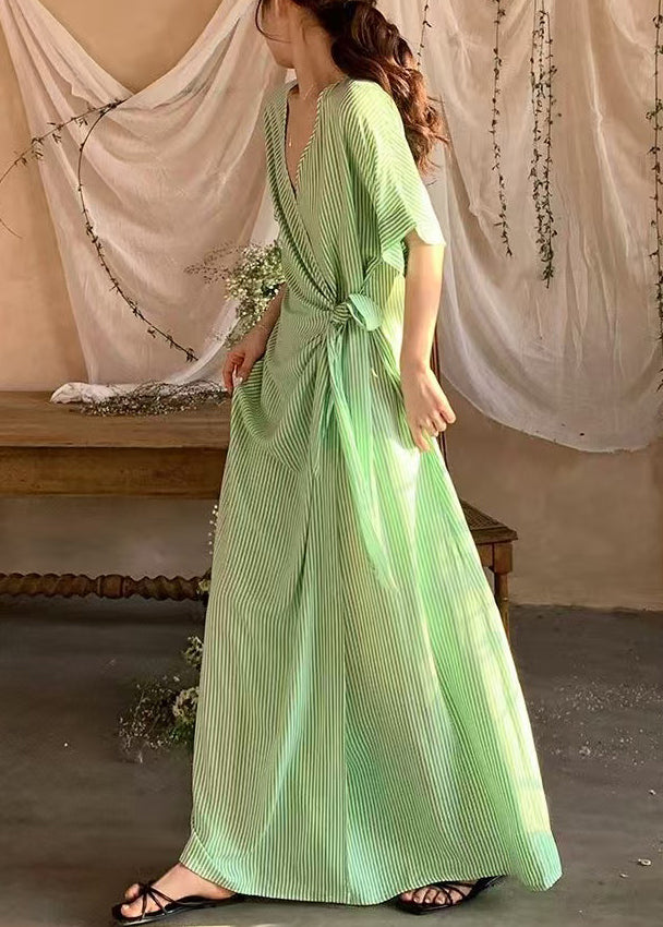 Striped Long Green Dresses Lace Summer Loose Up Cotton