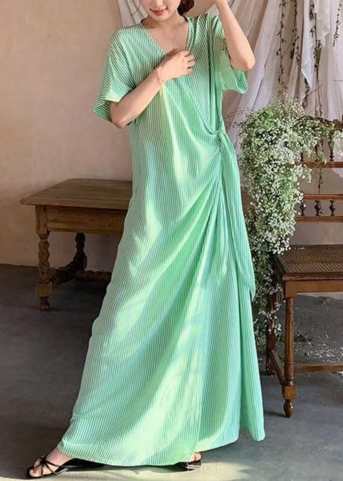 Striped Long Green Dresses Lace Summer Loose Up Cotton