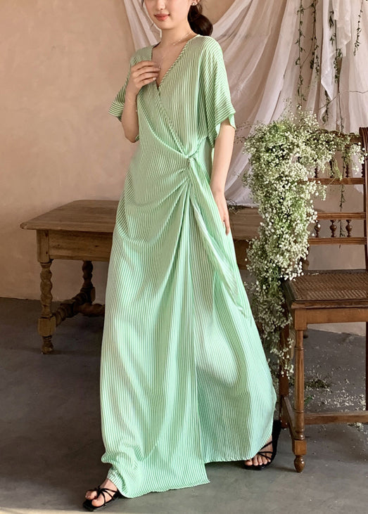 Striped Long Green Dresses Lace Summer Loose Up Cotton